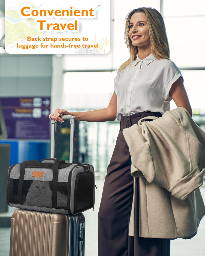 PETUX Airline Approved Pet Carrier - 17x11x9.5 in, Underseat, Top & Side Entry, Soft Sided Cat Dog Carrier for Small Cat & Dog Up to 12 lbs with Breathable Anti-Scratch Mesh for Travel & Vet - Grey 17.0"L x 11.0"W x 9.5"H - PawsPlanet Australia