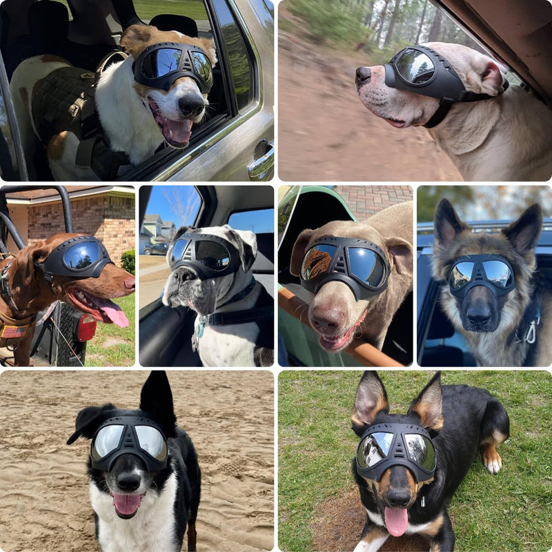 PETLESO Dog Goggles for Large Dogs, Anti-UV Pet Sunglasses Eyes Protection Windproof Snowproof for Medium Large Breed Hiking/Driving/Cycling, Soft Frame with Adjustable Non-Slip Straps, Black Silver Lens - PawsPlanet Australia