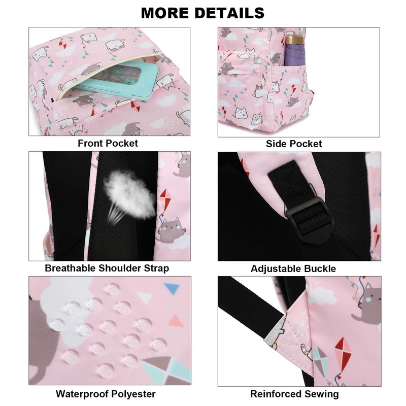 Girls School Backpacks for Kids Teens, 3-in-1 School Bag Bookbags Set with Lunch Bag Pencil Case Cat Pink - PawsPlanet Australia