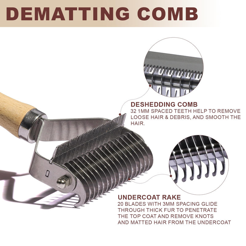 3-in-1 Professional Pet Shedding Dematting Comb - Deshedding Undercoat Rake for Dogs with Stainless Steel Blades Metal Pet Brush with Wood Handle Matted Hair Detangling Thinning and Shedding Upgraded 3-in-1 Comb - PawsPlanet Australia
