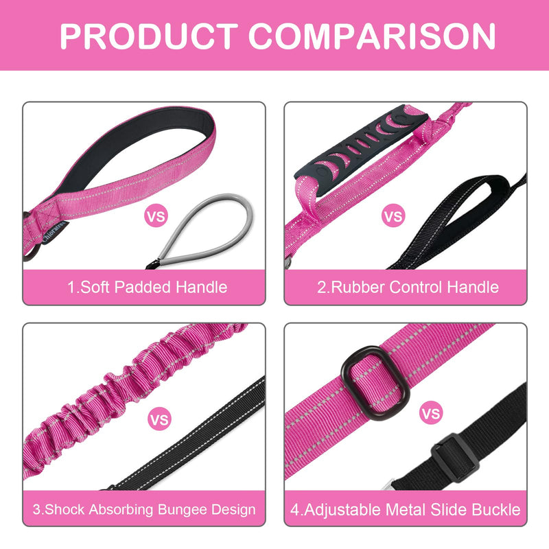 Tactical Dog Leash Heavy Duty, 4-6FT Shock Absorbing Bungee Dog Leash, Reflective Military Strong No Pull Dog Leash with 2 Padded Handle and Car Seatbelt for Medium Large Dogs, Pink - PawsPlanet Australia