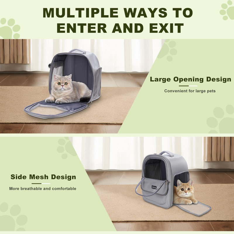 Cat Carrier Backpack, Spacious Breathable Cat Carrying Bag with Three Openings Removable Mat, Pet Backpack up to 7kg/15.4 Lb with Breathable Mesh, for Small Large Cat Pet Puppy Travel Grey - PawsPlanet Australia