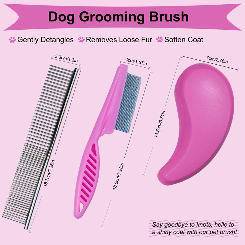 3 PCS Puppy Brush Grooming Kit, Stainless Steel Flea Comb, Fit for Yorkie, Shih Tzu, Maltipoo, Soft Bristle (Pink) Pink - PawsPlanet Australia