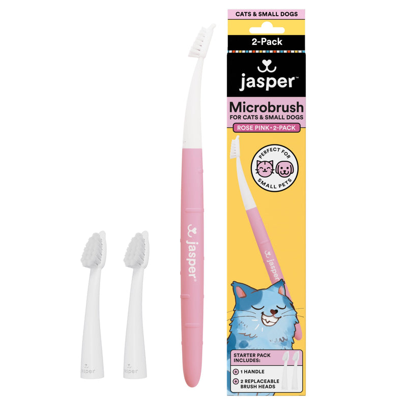 Jasper Microbrush Vet Approved Cat Toothbrush, Soft-Bristled Toothbrush Kit for Felines & Small Dogs, Non-Slip Handle with 2 Replaceable Tooth Brush Heads, Use with Cat Toothpaste, 2-Pack, Rose Pink Rose Pink 2 Pack