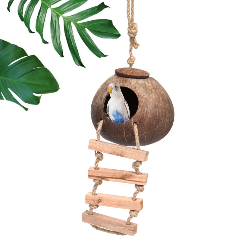 Gecko Coconut Husk Hut, Bird Hut Nesting House Hideouts Hanging Home, Treat & Food Dispenser, Durable Cave Habitat with Hanging Loop for Crested Gecko, Reptiles, Amphibians and Small Animals Coconut Husk Hut with Ladder