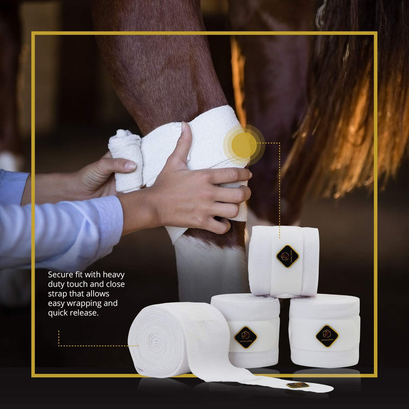Kavallerie Classic Bandage for Horses, Distributes Pressure Evenly Therapeutic Breathable Fleece Material, Stretchy, Provides, Leg Protection and Support - White - (4 Units per Pack) 4 Pack
