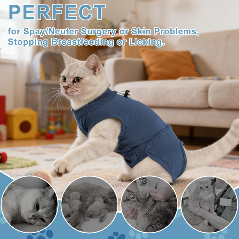Gyuzh Cat Surgery Recovery Suit for Female Male Cats - Breathable Cone Alternative. Easy-Pull Recovery Suit with Adjustable Neck & Snap Closure for Spay Neutering, Anti-Licking Wound Care Blue M Medium