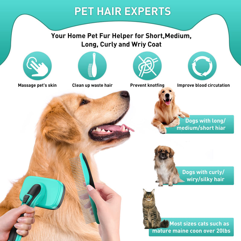 Cat Dog Brush, Self Cleaning Slicker Dog Brush,Pet Comb + Nail Clippers for Shedding & Grooming Any Breed of Pets,Shedding Long & Short Haired Cats & Dogs 3 PCS,Aqua green