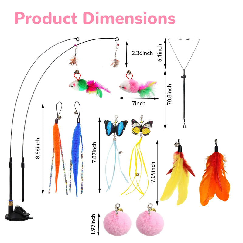 Interactive Cat Toys: 4 Ways to Play Indoor Kitten Wand with Suction Cup, Removable 12Pcs Replacements (Feathers, Mice, Butterflies, Caterpillars, Flies, Fur Balls) – Detachable Design - PawsPlanet Australia