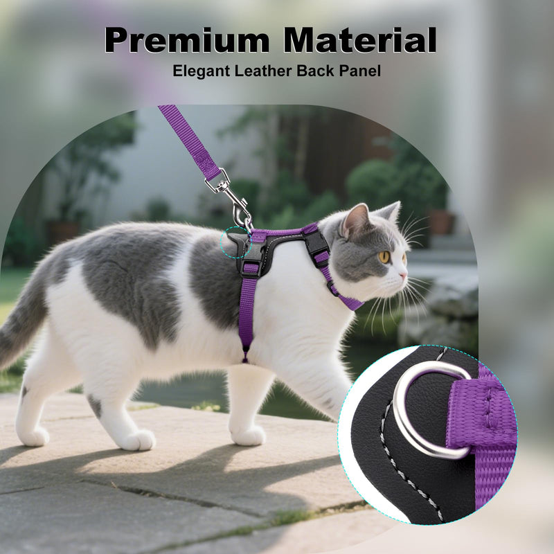 Plutus Pet Adjustable Cat Harness and Leash Set, Quick Release, Escape Proof Nylon Vest with Leather Trim for Kitten, Small Medium Large Cats, Purple
