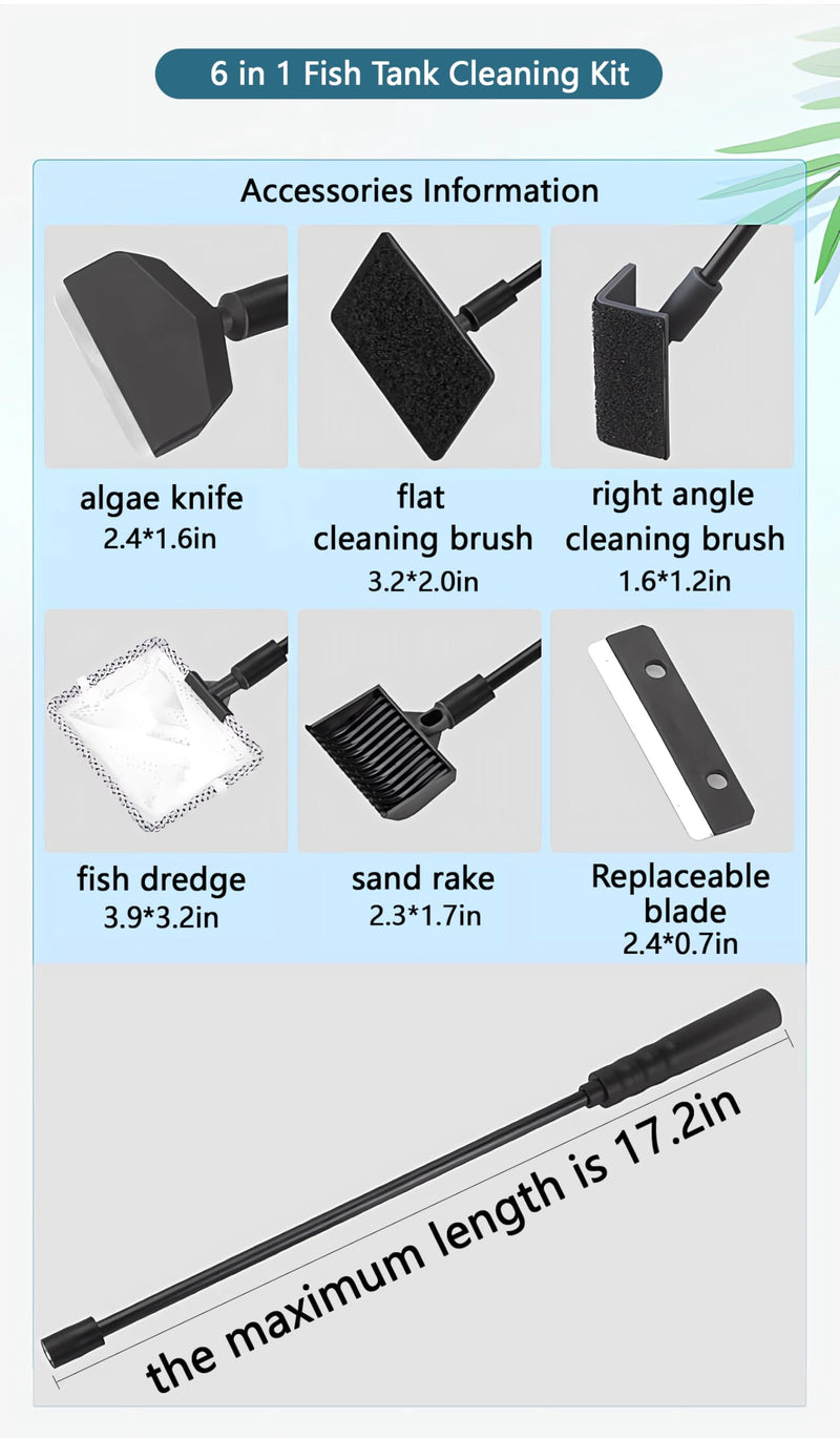 6-in-1 Aquarium Cleaning Tools Fish Tank Cleaning Kit with Long Handle, Algae Scraper,Flat Cleaning Pad,Right-Angle Cleaning Pad,Fish Net, Gravel Rake - PawsPlanet Australia