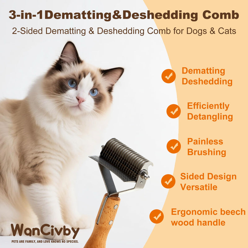 Undercoat Rake Dog Brush Dematting Comb cat shedding tool Dematting Tool Pet Brush Efficiently Detangle and Groom Coats for Large Medium Small Dogs and Cats Comb for Grooming Premium Wood Handle Round Handle - PawsPlanet Australia