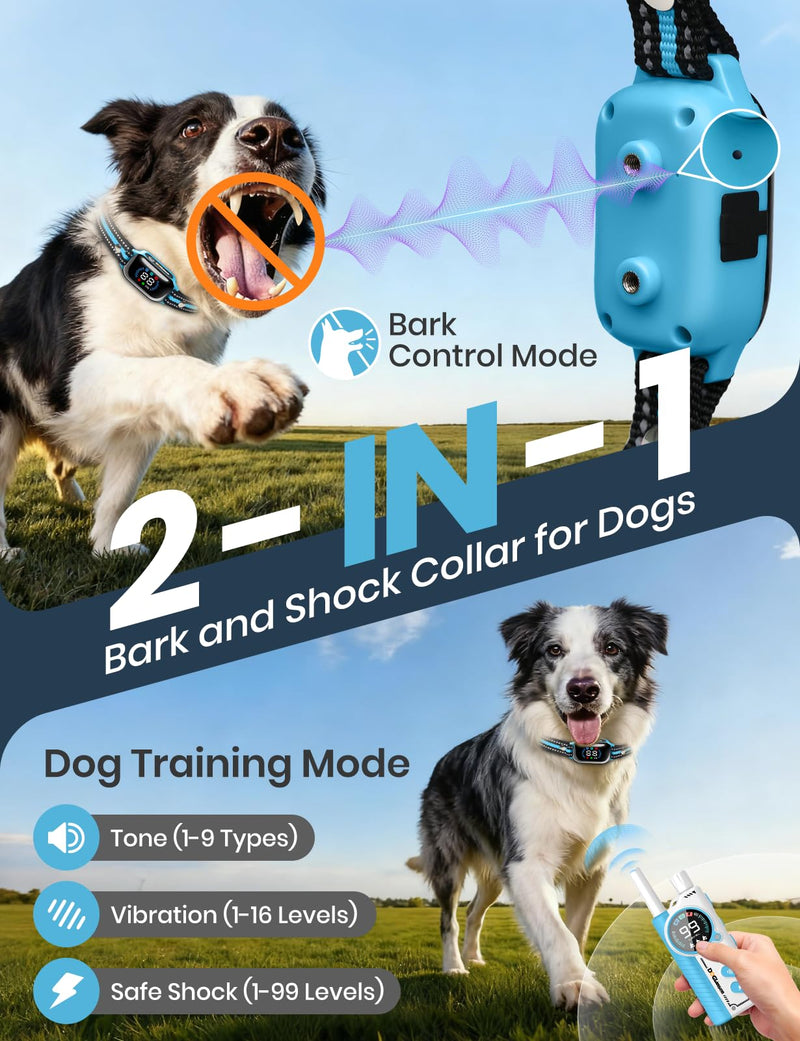 Smart 2-in-1 Dog Shock and Bark Collar - AI Anti-Misoperation, 3300FT Remote Training Collar, IPX7 Waterproof, 4 Modes (Tone, Vibration, Safe Shock, Auto Anti-Bark) for Dogs Blue - Blue - PawsPlanet Australia