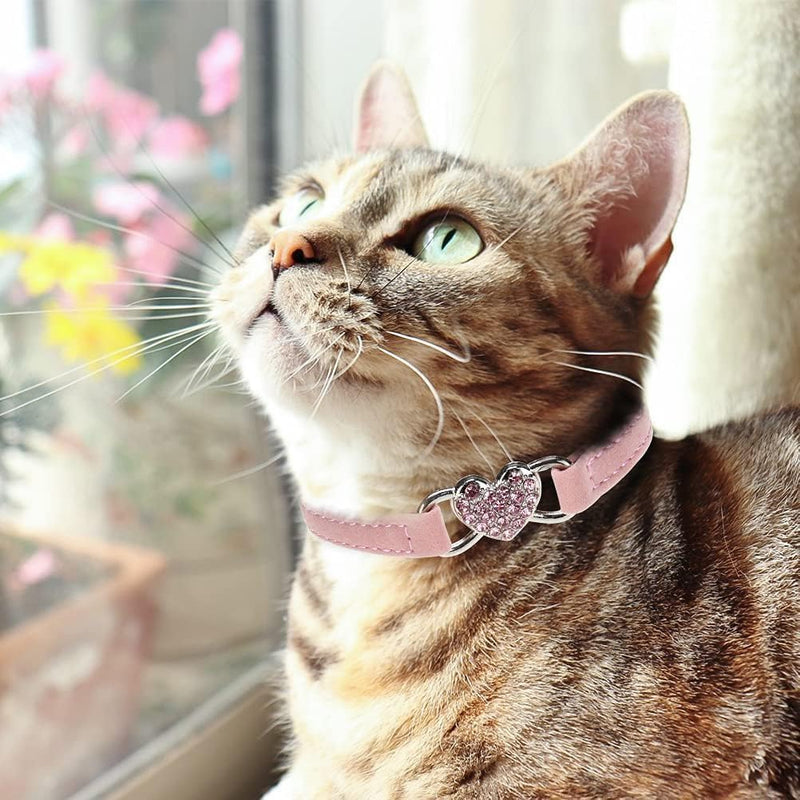 BINGPET Diamond Cat Collar,Adjustable Soft Velvet Leather Safe Kitten Collar with Crystal Heart Charm and Bells,Girl Boy Bling Stylish Cat Collars with Safety Elastic (Pink, Neck Girth 8"-10") Neck Girth 8"-10" Pink