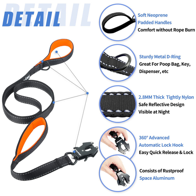 Strong Heavy Duty Dog Leash - 6ft Reflective Nylon Training Leash with Soft Padded Double Handle & Auto Lock Frog Clip - Safety Traffic Control for Medium Large Small Dogs No Pull Walk BlackOrange,6ft 6FT x 1" x 2.8MM Black Orange - PawsPlanet Australia