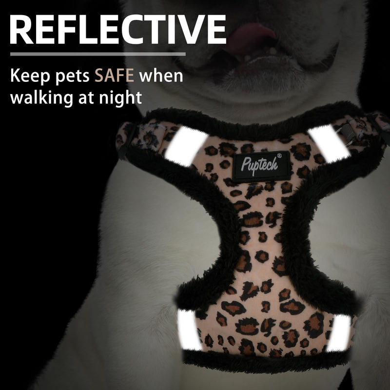 PUPTECK Dog Harness and Leash Set Small Sized, Step in No Pull Adjustable Puppy Cat Harness Reflective Pet Vest S (13-17lbs, Chest 15"-18") #3 Brown(Plush Leopard Print) - PawsPlanet Australia