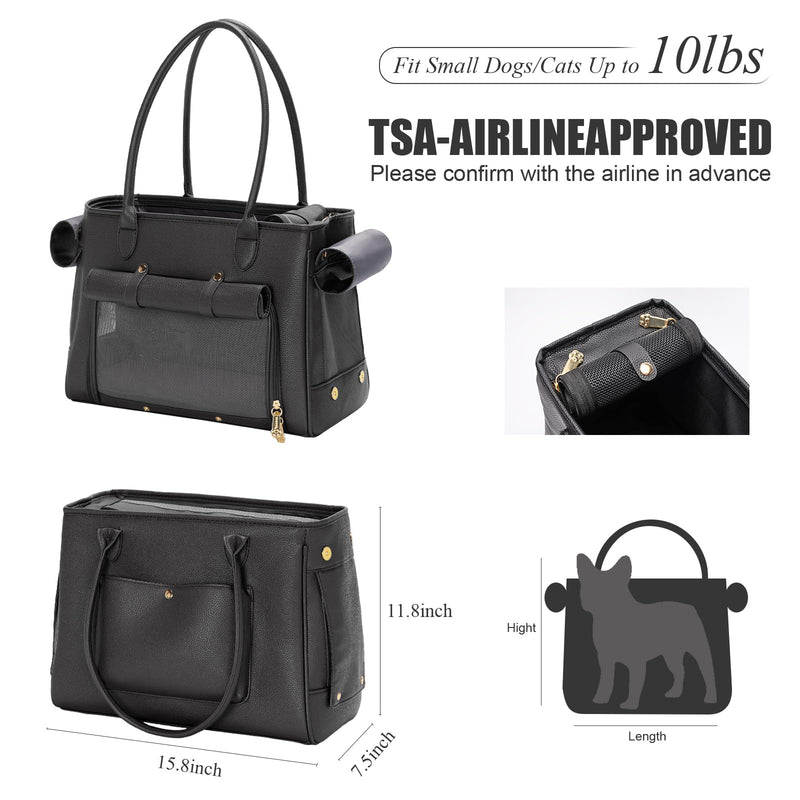 Fashion Pet Carrier Purse for Small Cat and Dog, Luxury Pu Soft-Sided Tote Bag with Large Pockets for Dogs and Puppies (Black, 15.8" L x 7.5" W x 11.8" H) Black 15.8"L x 7.5"W x 11.8"H