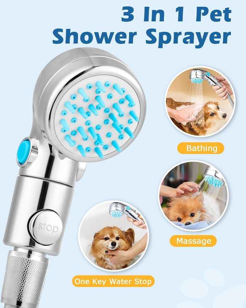 Dog Shower Attachment, Dog Shower Sprayer Attachment Set with Diverter Valve, Dog Shower Brush for Bathroom Shower Arm, Pet Bathing Tool, for Dog and Cat Grooming, Indoor & Outdoor