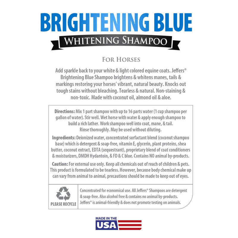 Jeffers Equine Brightening Blue Whitening Horse Shampoo, 16oz – Soap Free, Detergent Free Grooming Shampoo for Coat, Mane & Tail, Removes Tough Stains, Enhances Shine, Safe for White & Light Coats