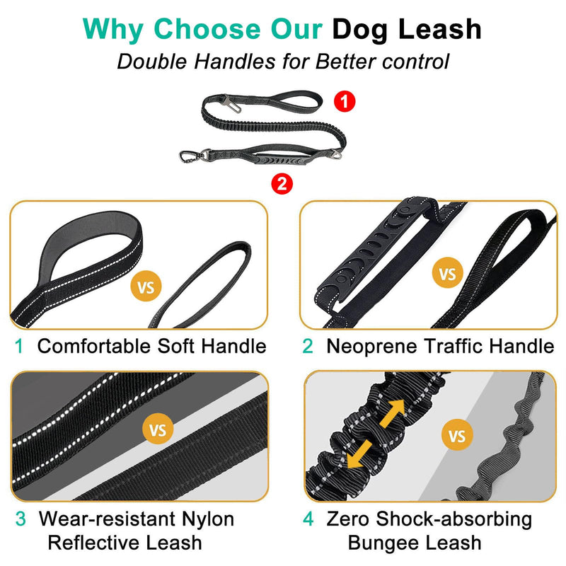 Dog Leash for Large Medium Dogs Heavy Duty,No Pull Bungee Dog Leashes with Poop Bag Holder and Car Seatbelt, Shock Absorbing Big Dog Training Lead Leash with 2 Padded Traffic Handle,Black,4ft -6ft Black Standard - PawsPlanet Australia