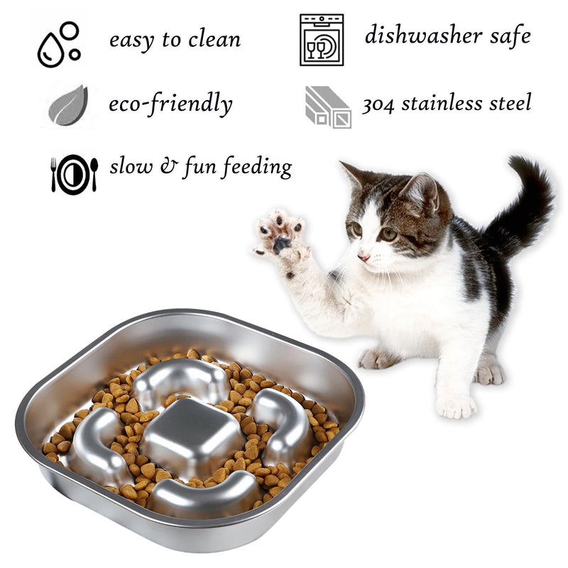 Slow Feeder Dog Bowl, 2 Cups Stainless Steel Metal Pet Food Bowls, Dog Cat Food Bowls Can Slows Down Pets Eating Suitable for Small & Medium Sized Dog