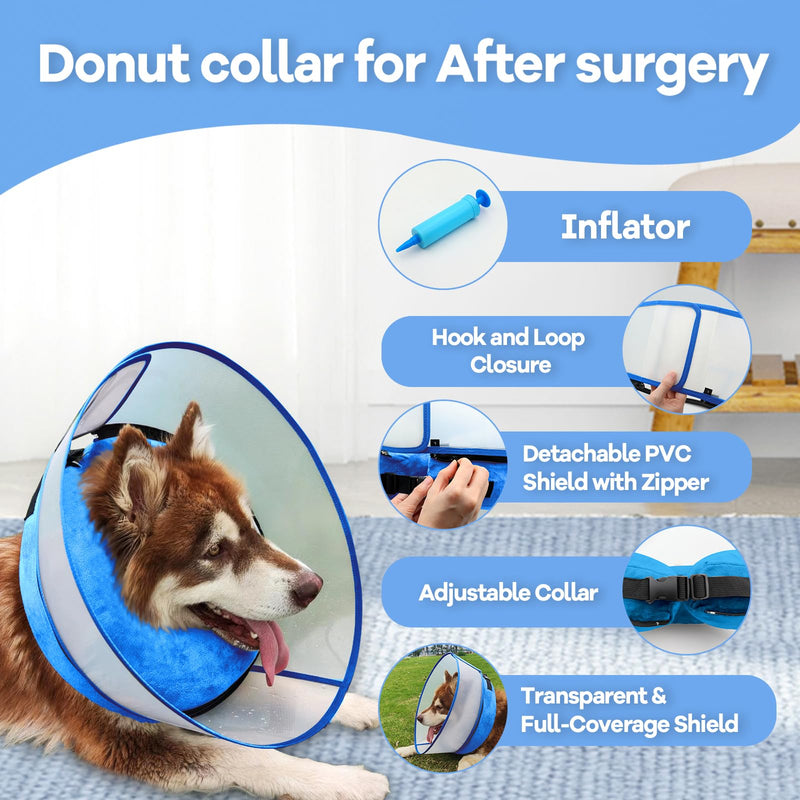 2-in-1 Inflatable Dog Cone Collar with Detachable Anti-Licking Shield, Soft Adjustable Elizabethan Collar for Dogs After Surgery (XL, Blue) XL (Neck: 18-22")