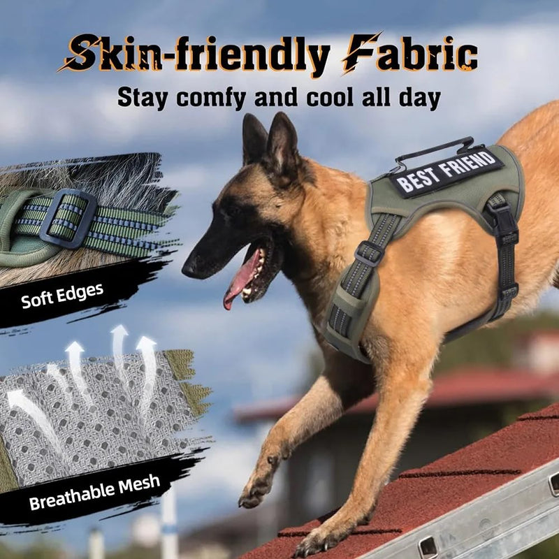 Tactical Dog Harness with Leash for Large Dogs, No Pull Adjustable Dog Harness, Reflective K9 Working Pet Vest for Walking, Training (Army Green, XL) Army Green - PawsPlanet Australia