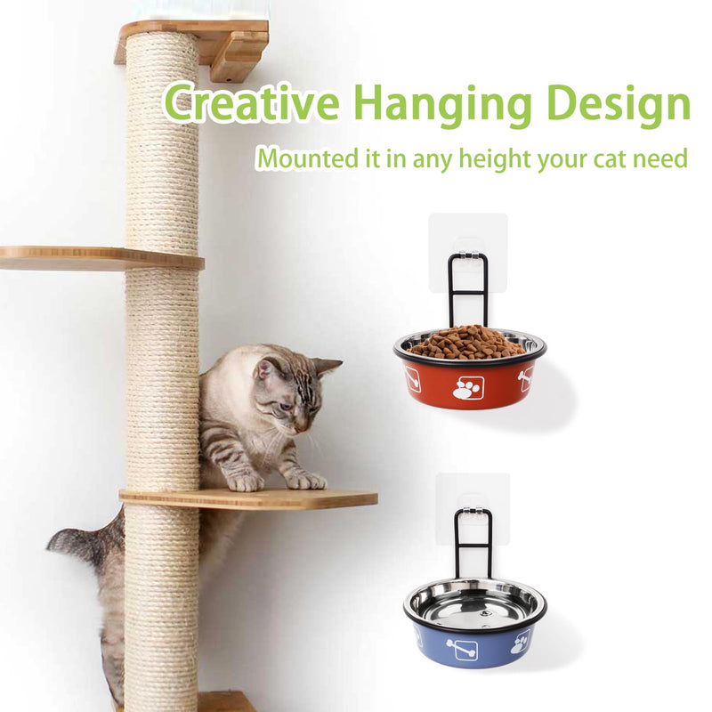 4PCS Multi-Color Raised Pet Bowls, Wall Mounted Elevated Food and Water Bowls, Stainless Steel Hanging Pet Feeding Bowls with Stand, Nonslip Red+Green+Grey+Blue Stainless Steel Bowls