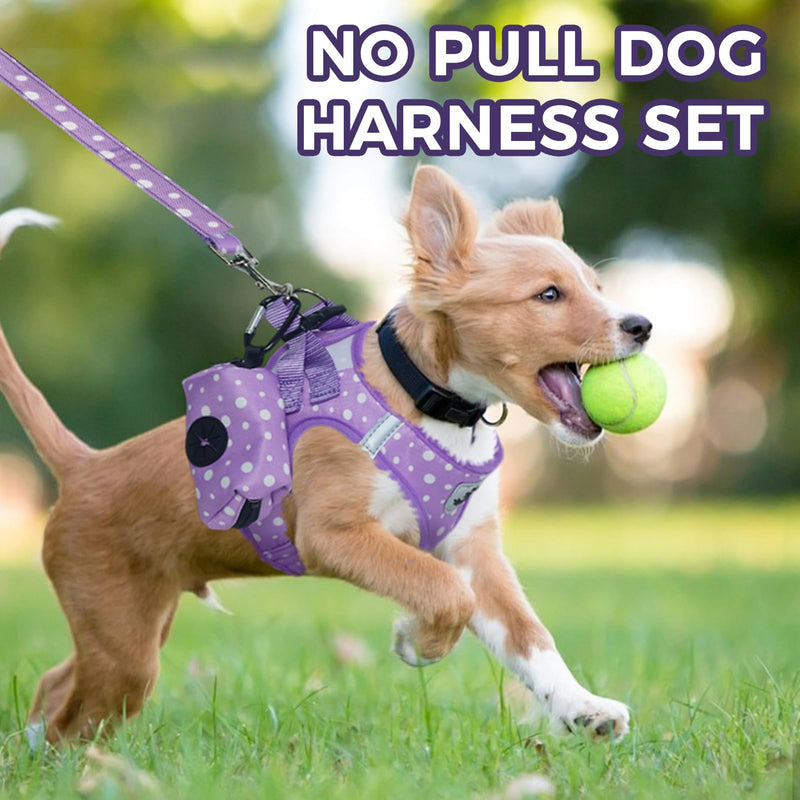 PAWCHIE Dog Harness and Leash Set, Step in No Pull Soft Pet Harness, Reflective Adjustable Puppy Vest for Small Medium Dogs Cats,No Choke Harness Vest with Poop Bag Holder for Walking,Running,Purple M Purple - PawsPlanet Australia