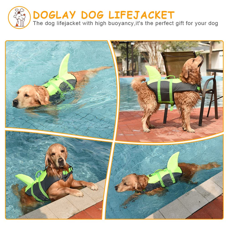 Doglay Dog Life Jacket, Ripstop Cute Shark Dog Life Jacket with Superior Buoyancy and Rescue Handle, Adjustable Dog Life Vests for Swimming Boating, Pet Flotation Vest for Small Medium Large Dogs X-Large Green-Shark - PawsPlanet Australia