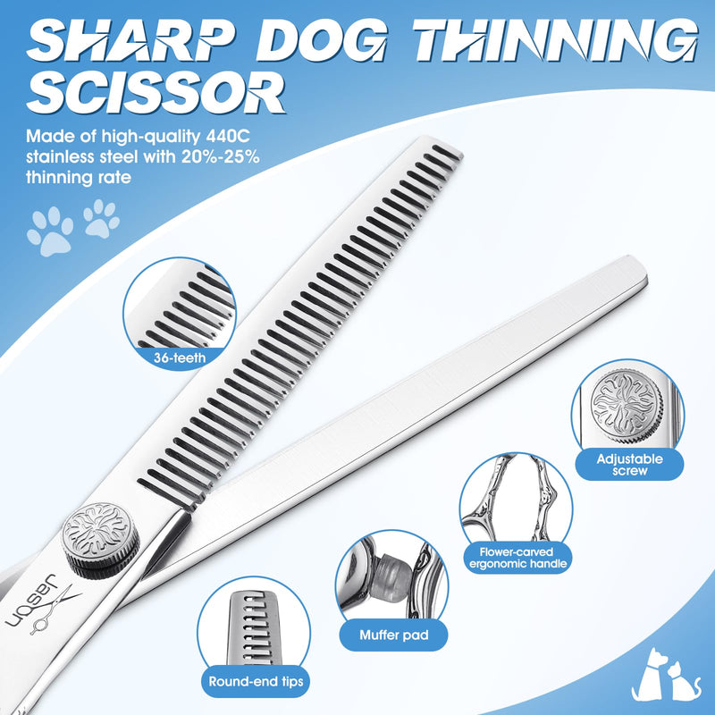 JASON Dog Grooming Scissors Kit, Professional 6 in 1 Dog Scissors Set - 6.5" Thinning, 7" Straight, 7" Up-Curved, 7" Down-curved Shears and Comb for Dog Cat Pet (Silver) Silver