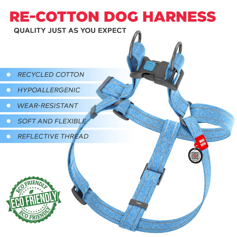 WAUDOG Re-Cotton Dog Harness Eco-Friendly Dog Harness for Small, Medium & Large Dogs - Reflective Dog Harness w/QR ID Tag - Puppy Harness for Male & Female Dogs L: 27-35" Blue - PawsPlanet Australia