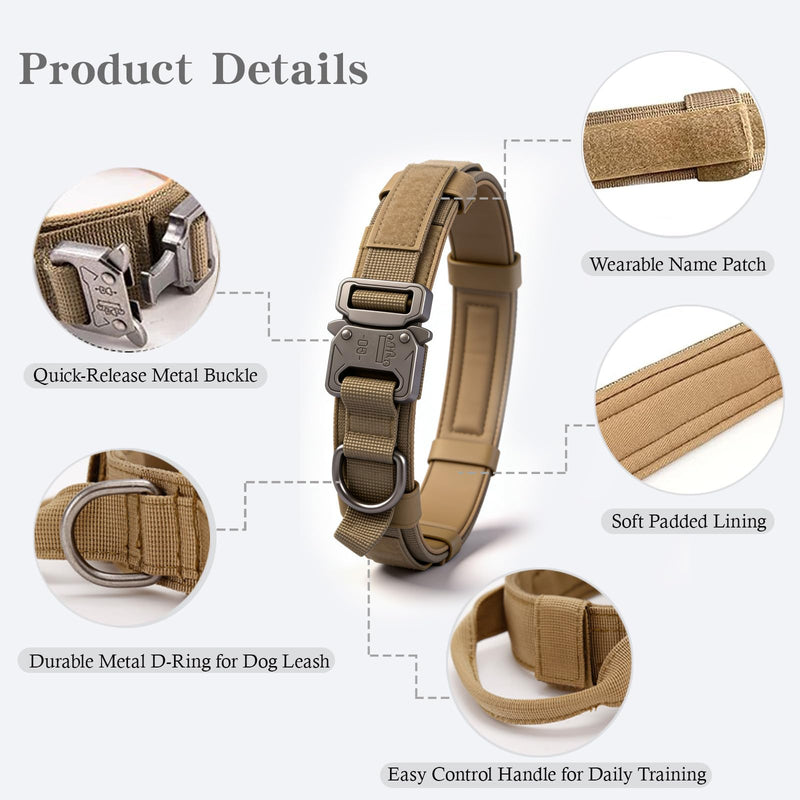 Tactical Dog Collar and Leash Set Tactical Dog Collar with Handle Bungee Leash Adjustable Military Training Nylon Collar Dog Training Collar Leash Set with Control Handleand Metal Buckle （Brown L Large (Pack of 1) Brown SET(collar+leash)