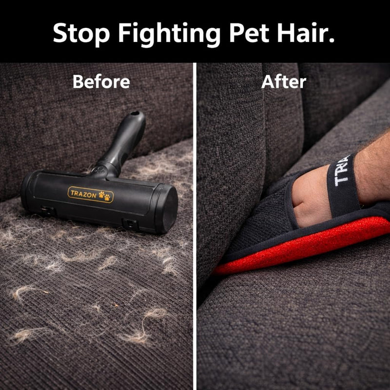 Pet Hair Removal System – Reusable Lint Roller & Lint Remover for Pet Hair on Carpet, Couch & Furniture + Pet Hair Glove Brush – Dog & Cat Fur Remover Tool for Car, Rugs & Clothing