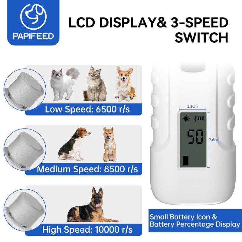 PAPIFFEED Dog Nail Grinder with LCD Display – Quiet Electric Nail Trimmer with Dual LED Light, Safe for Black & Thick Nails, Rechargeable for Small Medium Large Dogs & Cats (White) White