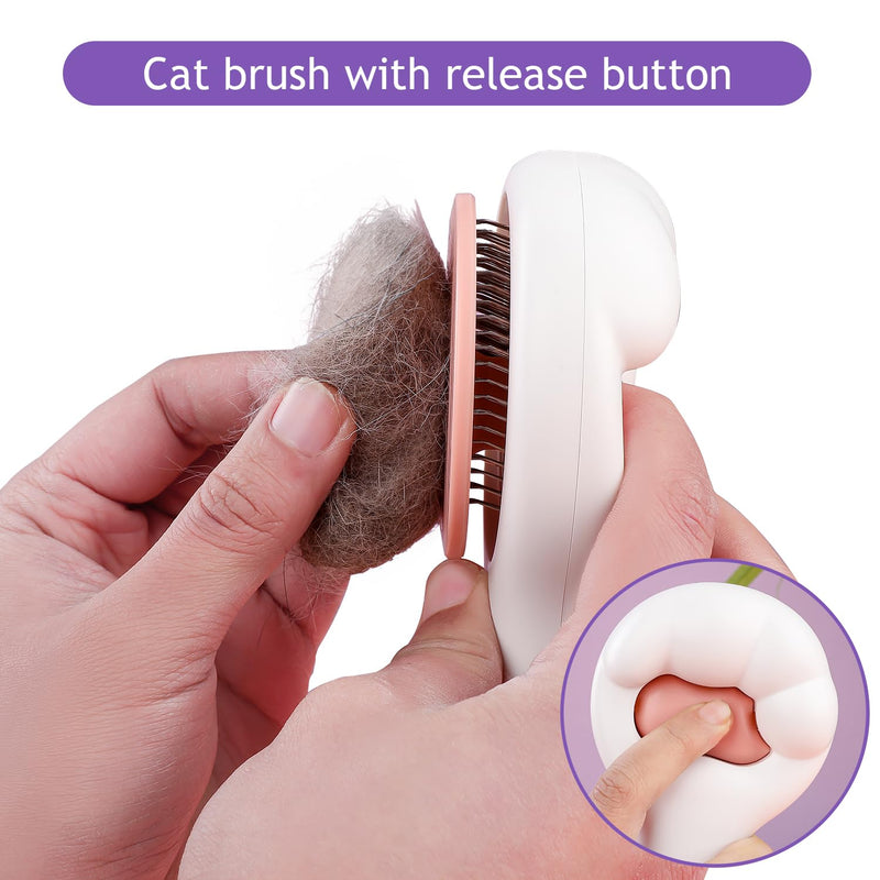 Cat Brush for Long or Short Haired Cats and Dogs, Self Cleaning Pet Hair Brush, Removes Loose Fur, Tangles, Mats, Dander, Dirt, Provides Relaxing Massage, Pink White - PawsPlanet Australia