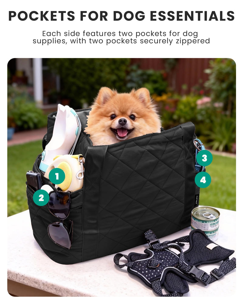 Lightweight Dog Purse Carrier for Small Dogs up to 15 lbs, Dog Tote Bag Puppy Carrier, Soft Plush Interior, Safety Leash Clip, 4 Side Pockets Dog Carrier Bag for Travel & Walking, Black