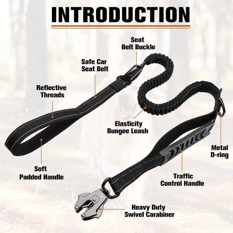 LIIIIIIKES Heavy Duty Dog Leash, Adjustable Dog Leash With Car Seat Belt, 4-6FT Power Stretch Dog Leash, Heavy Duty Tactical Load Bearing Connector Quick Release/Clamp Dog Collar, Reflective Stitching for Improved Visibility Black - PawsPlanet Australia