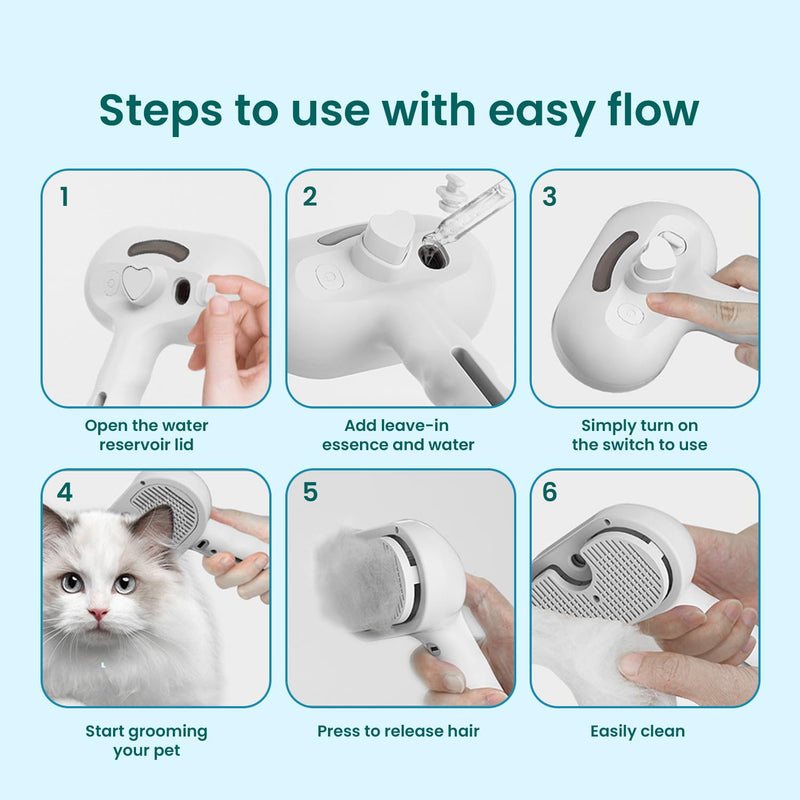 3-in-1 Pet Steam Brush for Cats & Dogs, Self Cleaning Grooming Brush with Mist Spray for Deshedding & Hair Removal, Gentle Massage Comb for Long & Short Haired Pets, 200 ml Waterless Shampoo Included - PawsPlanet Australia
