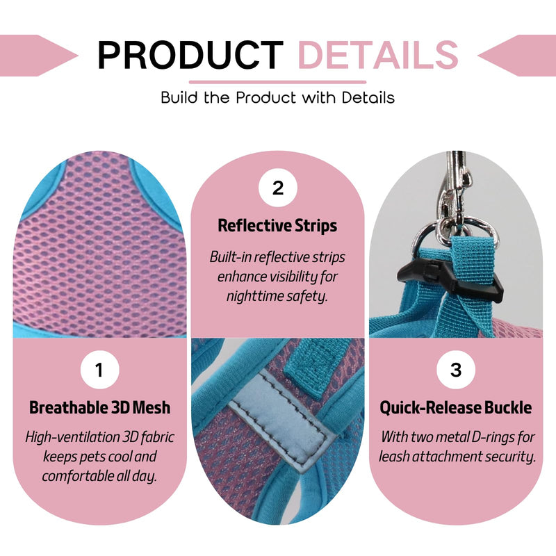 Small Dog Harness and Leash Set, Adjustable Step-in Dog Harness with Back Clip, Reflective Escape Proof Easy Walk Dog Harness for Small Sized Dog, Puppy, Cats (PinkBlue S) Pink+Blue - PawsPlanet Australia