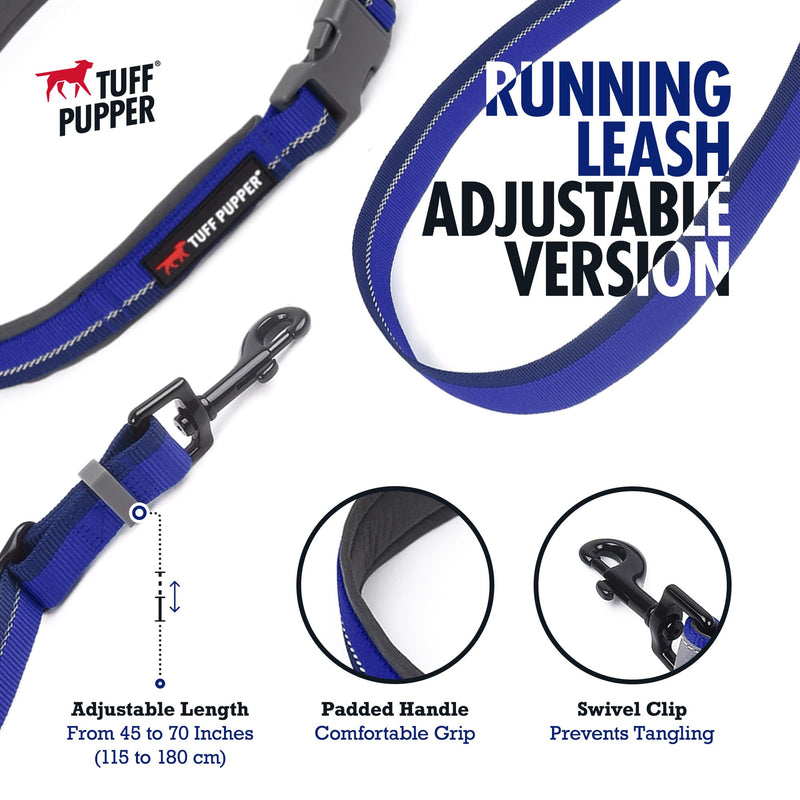 Tuff Pupper Hands Free Adjustable Length Dog Leash | Lightweight for Running Jogging Walking | Padded Waist Belt (24-50 inch) | Adjusts 3 to 6 Feet Length | Strong Ballistic Nylon w/Reflective Strips Blazing Blue - PawsPlanet Australia
