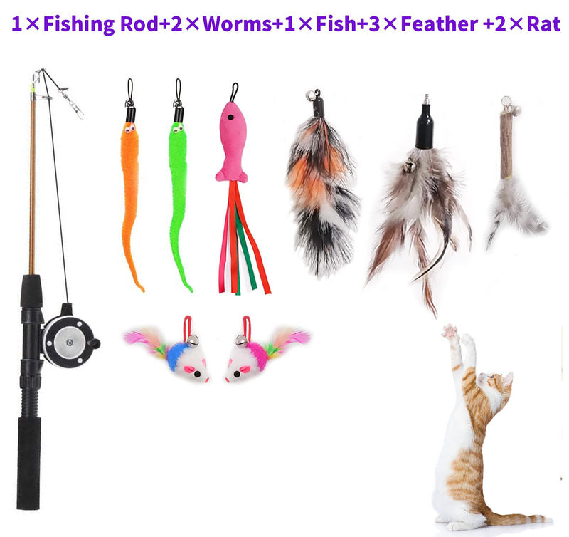 Retractable Cat Teaser Wand Toy, Cat Toys for Indoor Outdoor Cats Interactive Fishing Rod with 8 Pcs Refills Feather Toy, Plush Mouse Caterpillar & Fish