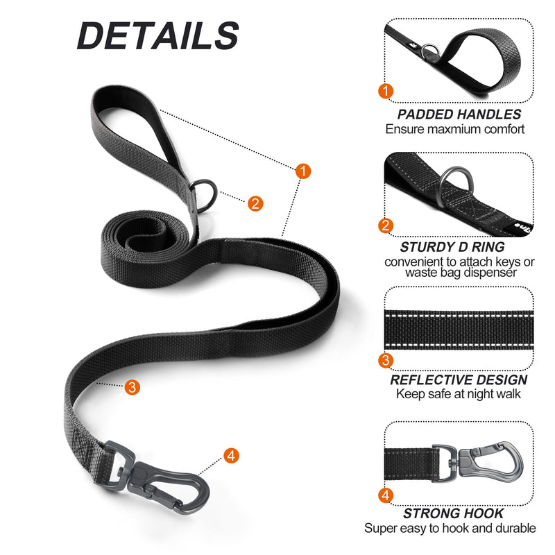 TwoEar 4FT Strong Black Dog Leash with 2 Handles, Traffic Handle Extra Control, Comfortable Soft Dual Handle, Auto Lock Hook, Reflective Walking Lead for Small Medium and Large Dogs - PawsPlanet Australia