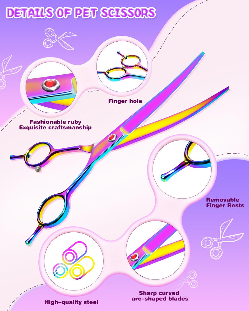 7.3" Dog Grooming Scissor - Professional Down-curved Shear with Ergonomic Handle Stainless Steel Hair Shears for Dogs, Cats and Other Pets - Pet Hair Trimming Scissor(Curved, Iridescent) - PawsPlanet Australia