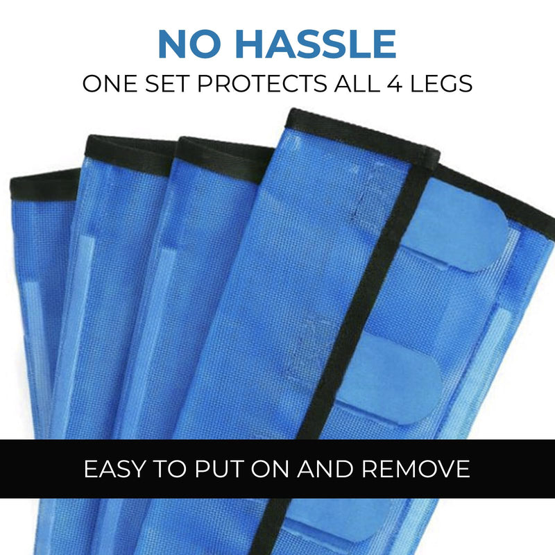 Mesh Horse Fly Boots Set of 4，Adjustable and Universal Loose Fitting & Non-Slip Horse Fly Leggings for Horses,Reduce Stressful Stomping (Blue) Blue