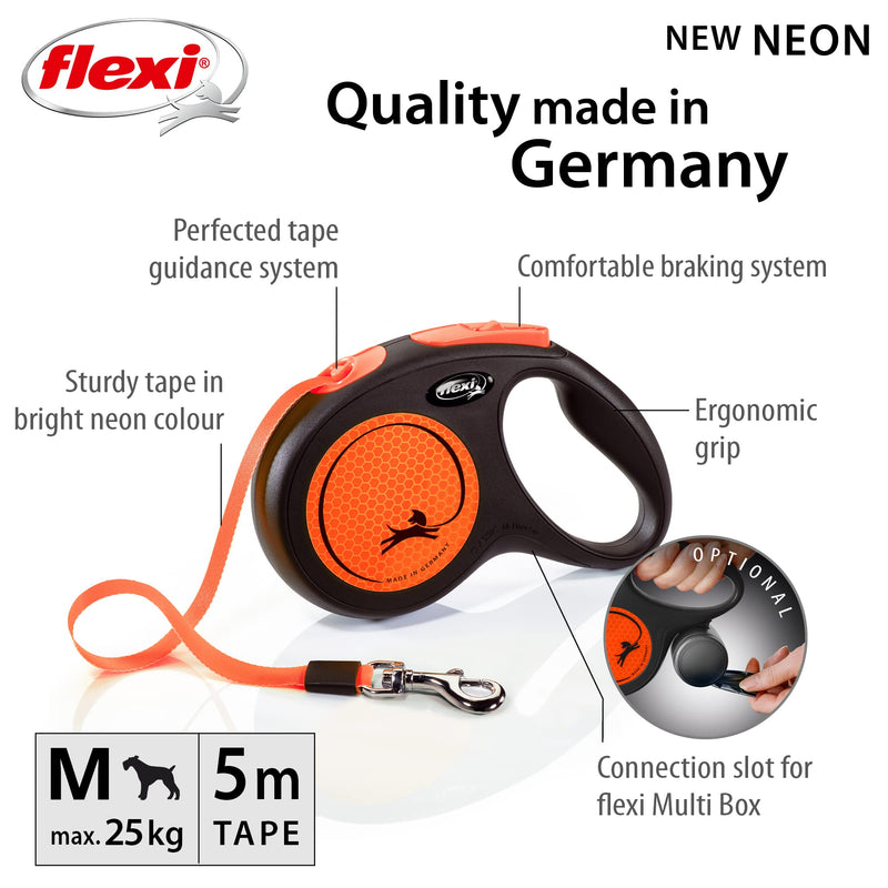 flexi Neon M Tape 5 m black/neon-orange, retractable leash for dogs up to 25 kg - PawsPlanet Australia