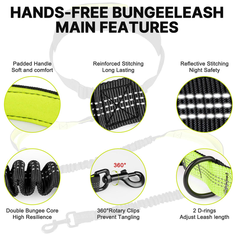 Hands Free Dog Leash for Medium Large Dogs, Waist Support Padded Bungee Dog Running Leash with Reflective Stitching for Walks, Jogging, Running, Hiking, and Dog Training for One Dog Black/Green - PawsPlanet Australia