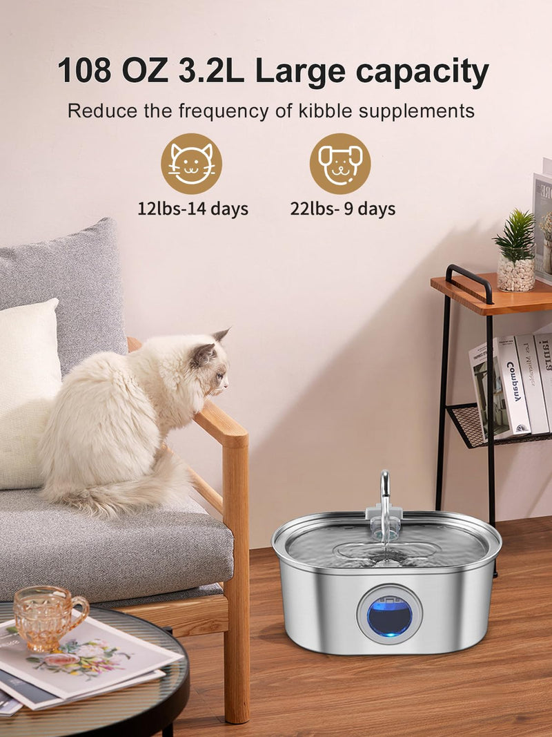 Cat Water Fountain Stainless Steel with Water Level Window,108oz/3.2L Cat Fountain Quiet Automatic Pet Water Fountain for Cats and Small Dogs - PawsPlanet Australia