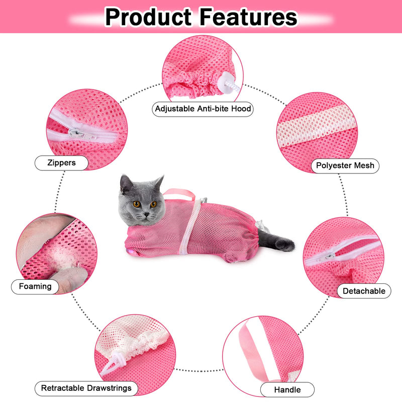 JULMELON Cat Washing Bag 10 PCS Set, Adjustable Cat Shower Net Bag and Pet Grooming Brush with Nail Clipper Nail File Hair Combs Tick Tool Nail Caps for Bathing Nail Trimming Examination(Pink+Grey) Pink+Grey - PawsPlanet Australia