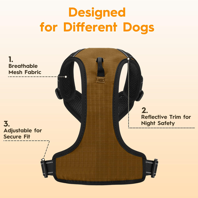 No Pull Dog Harness, No Chock Reflective Adjustable Soft Padded Pet Vest with Easy Control Handle, Easy Wearing with Stylish, Reinforced Knot, 2 Buckles Medium Brown - PawsPlanet Australia